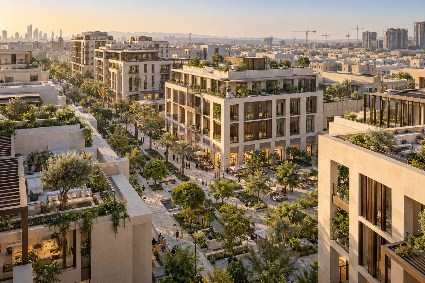 Conceptual architectural photograph of contemporary buildings and landscaped public spaces