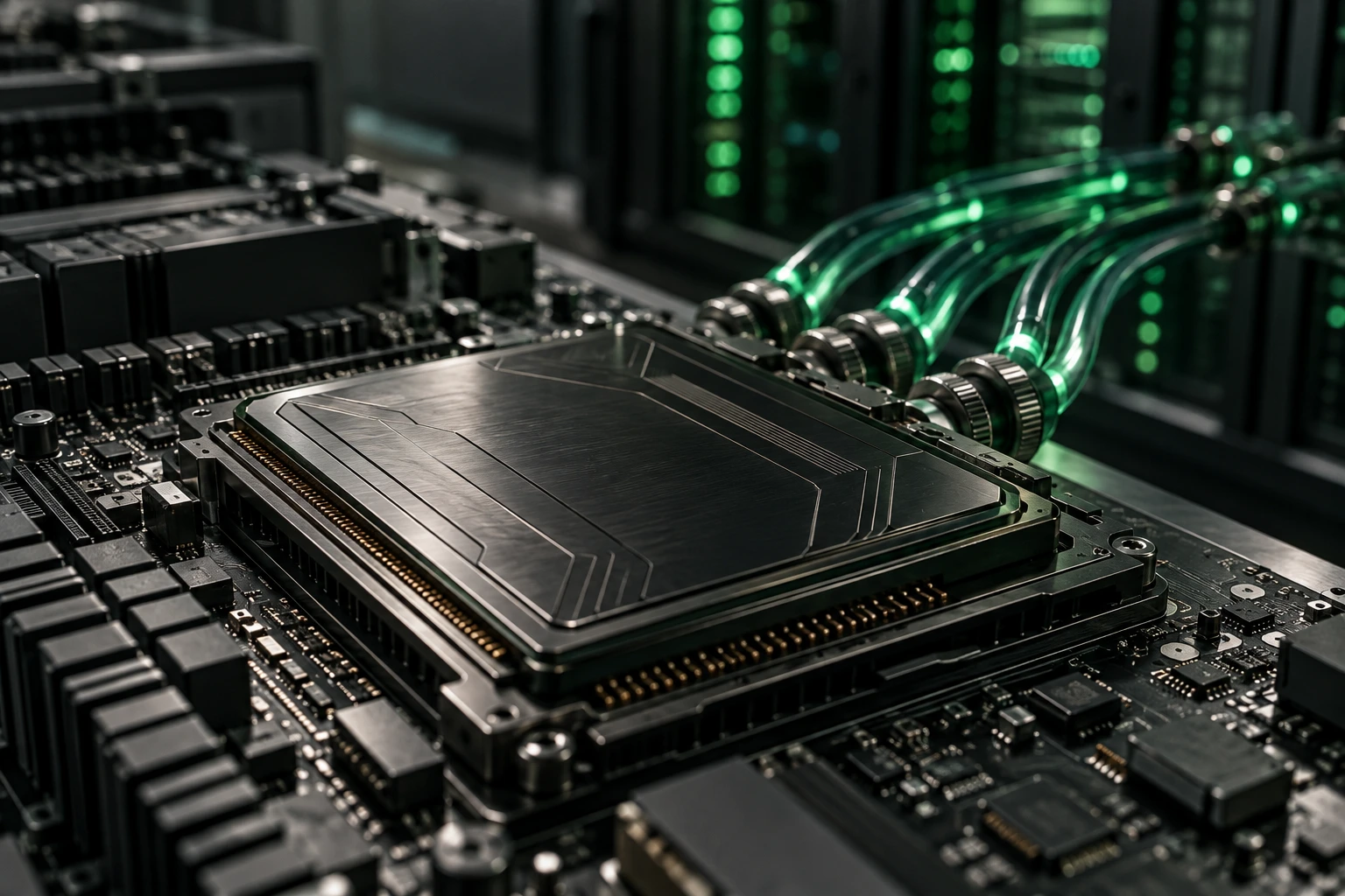 Conceptual technology photograph of a processor and connected AI infrastructure