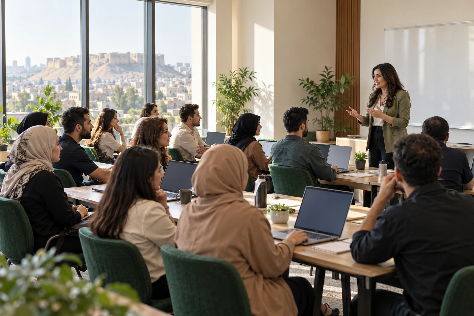 Conceptual photograph of a practical digital training workshop with Middle Eastern participants