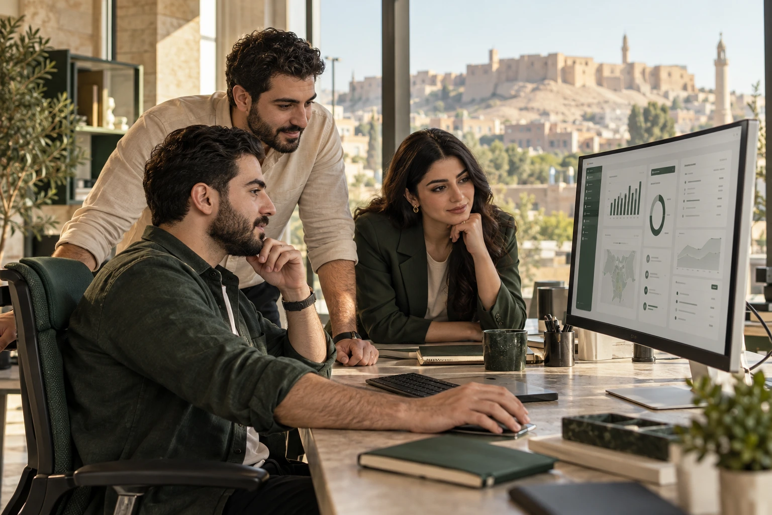 Conceptual photograph of Middle Eastern software professionals collaborating on a digital platform