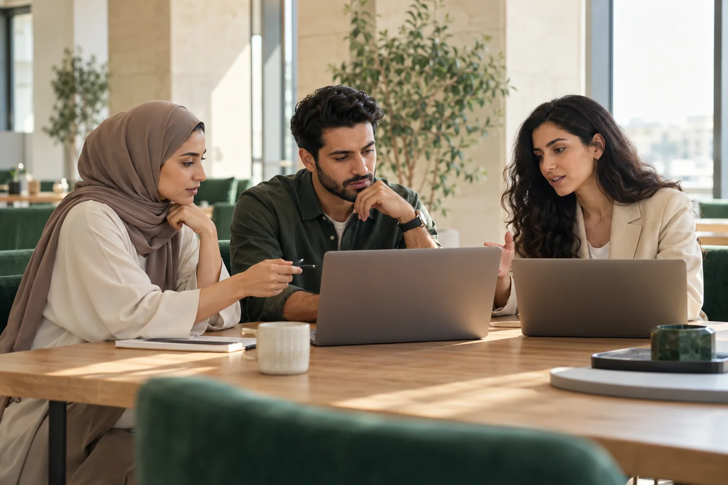 Conceptual photograph of professionals collaborating in a sunlit workspace