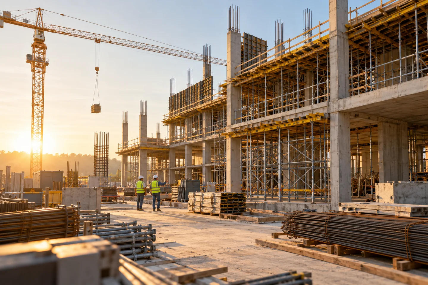 Conceptual photograph of an active construction site with a structural frame and crane