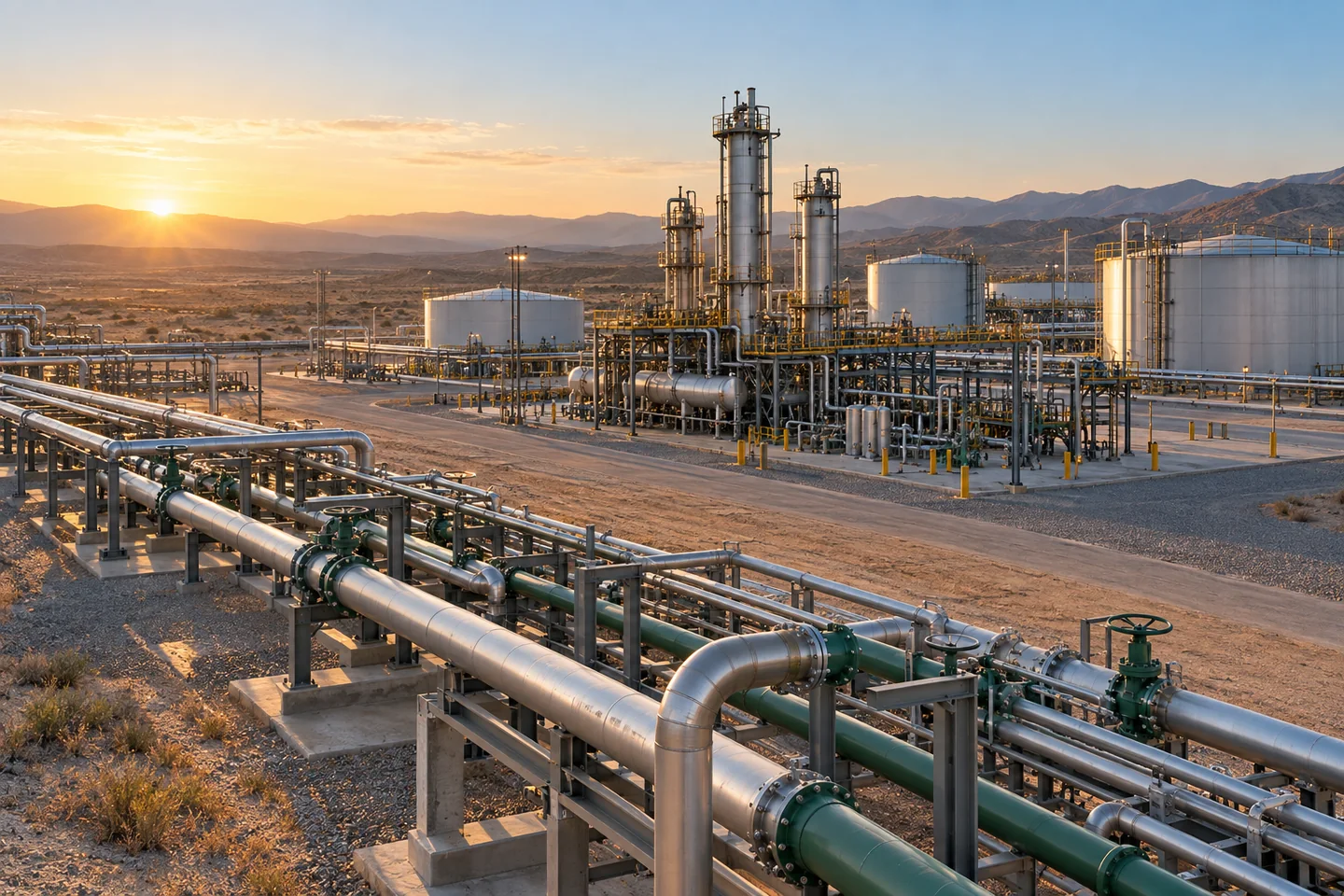 Conceptual photograph of an energy facility in a semi-arid landscape