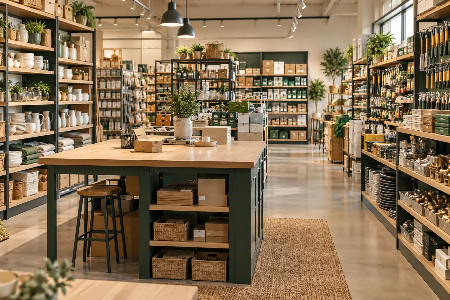 Conceptual photograph of an organized wholesale trading showroom with assorted goods