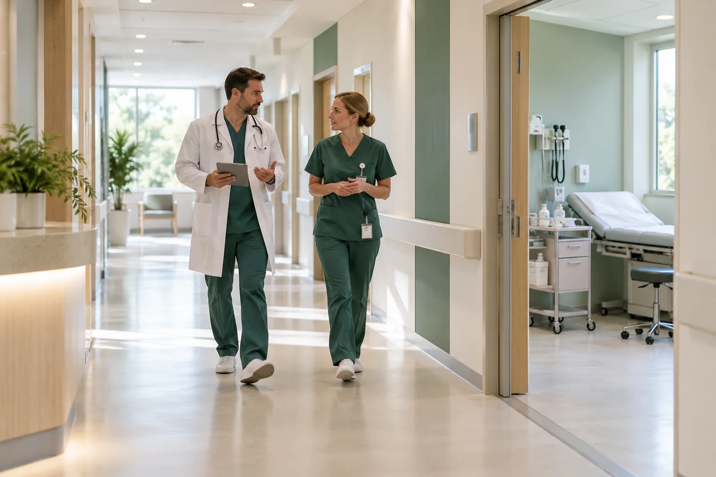 Conceptual photograph of clinicians and a consultation room in a modern healthcare facility