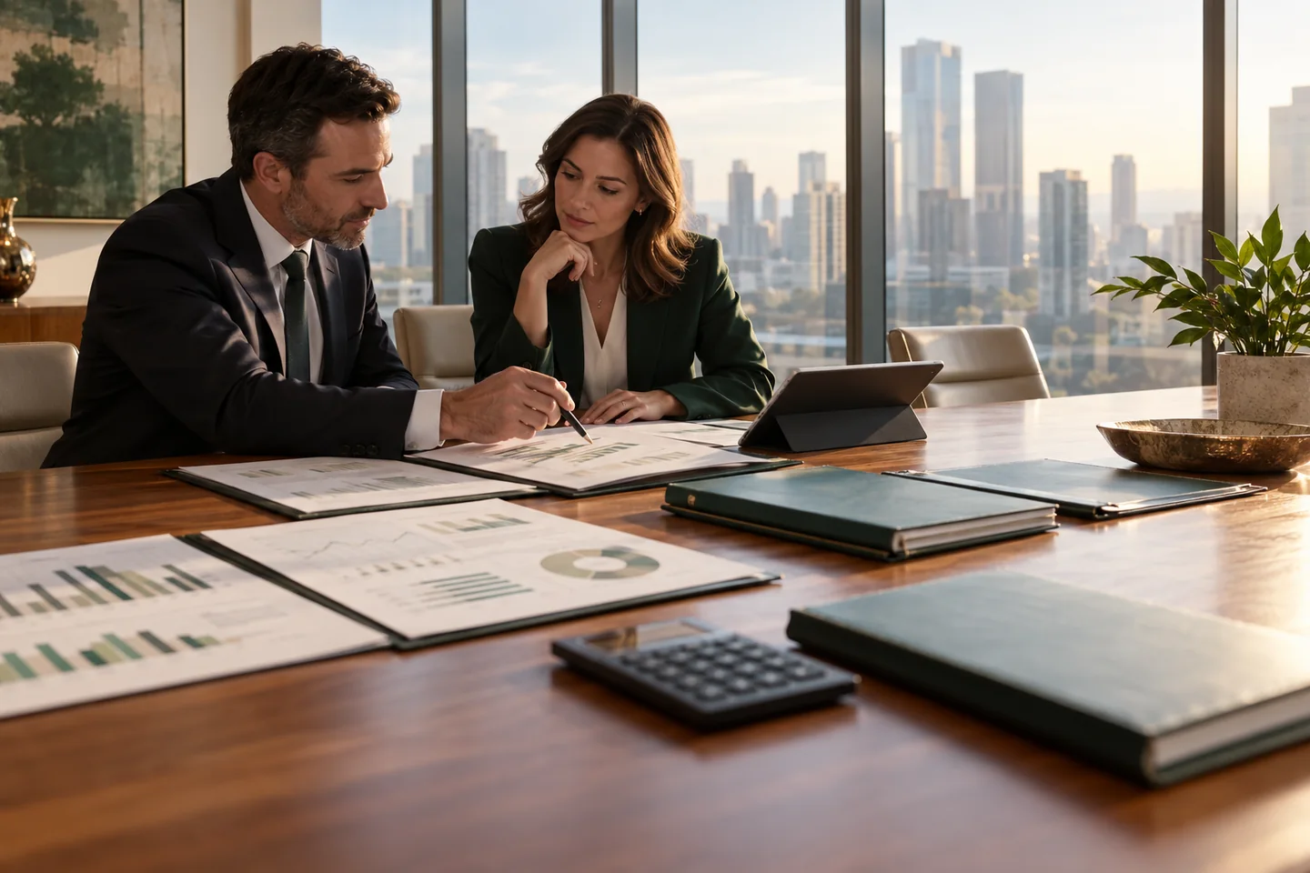 Conceptual photograph of investment professionals reviewing portfolio documents