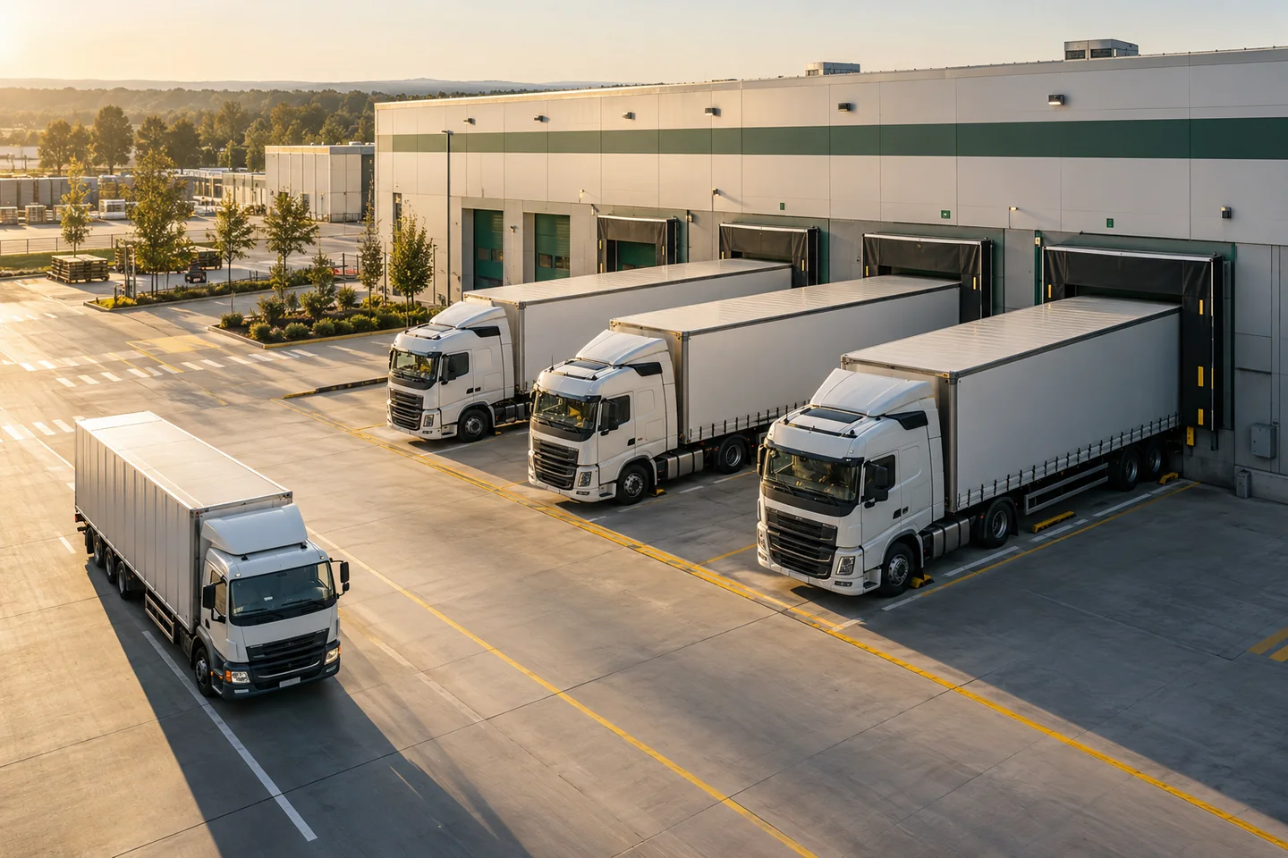 Conceptual photograph of freight trucks at a logistics dispatch terminal