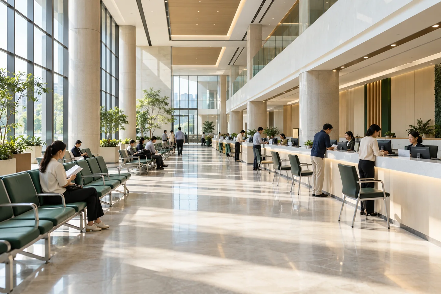 Conceptual photograph of a civic administration hall with public service counters